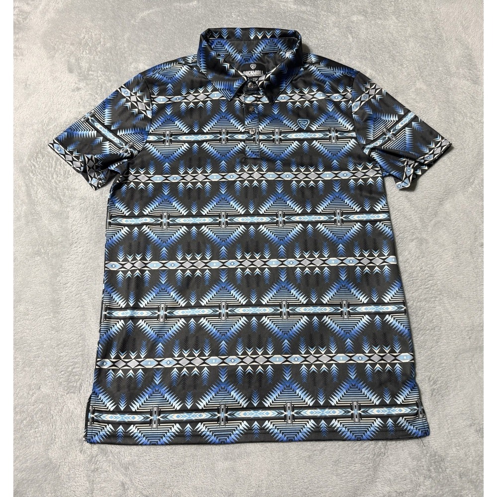 Rock & Roll Denim Polo Shirt Mens Medium Blue Aztec Western Geometric Golf